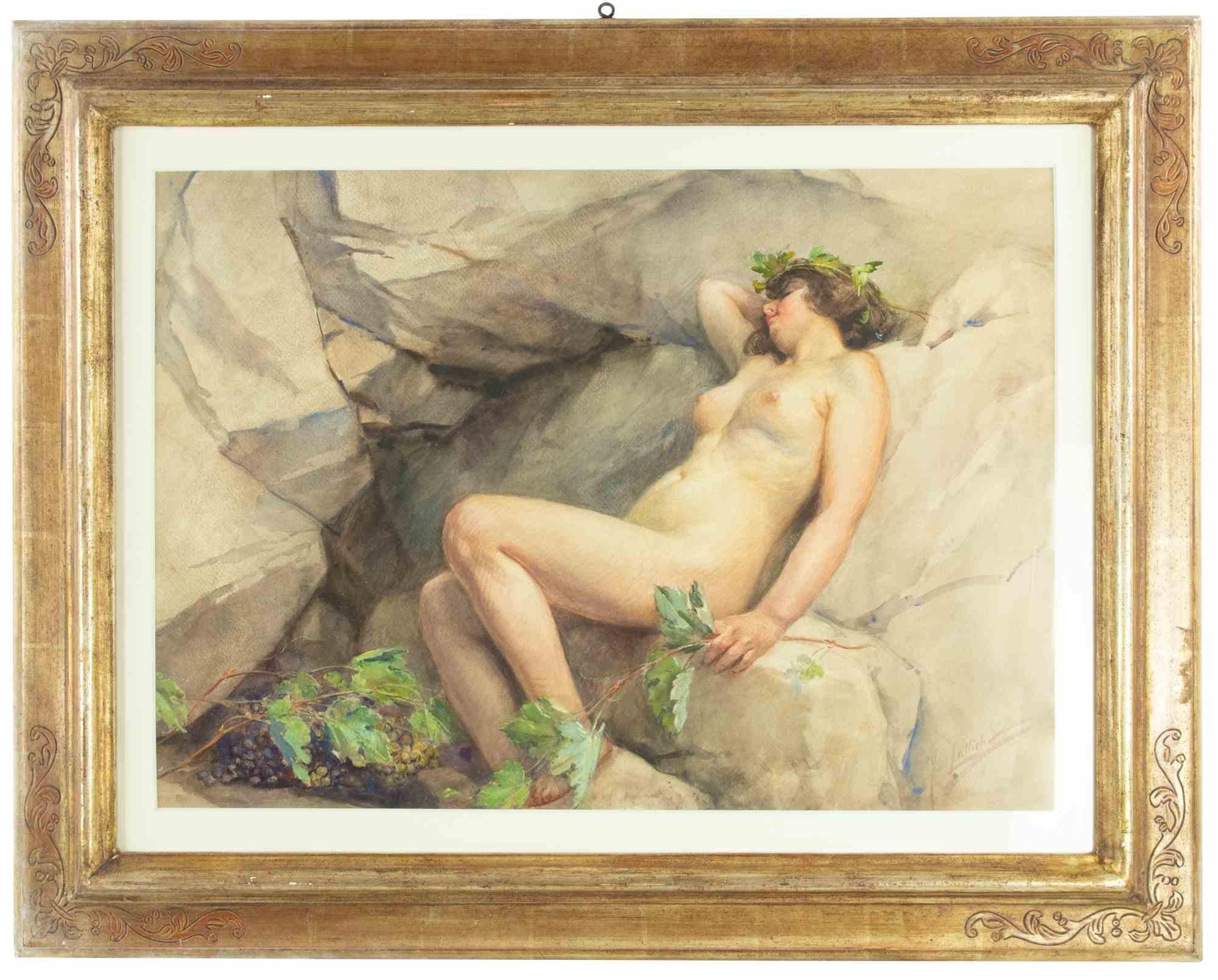 Naked Woman on the Rocks - Drawing by G. Lallich - Early 20th Century