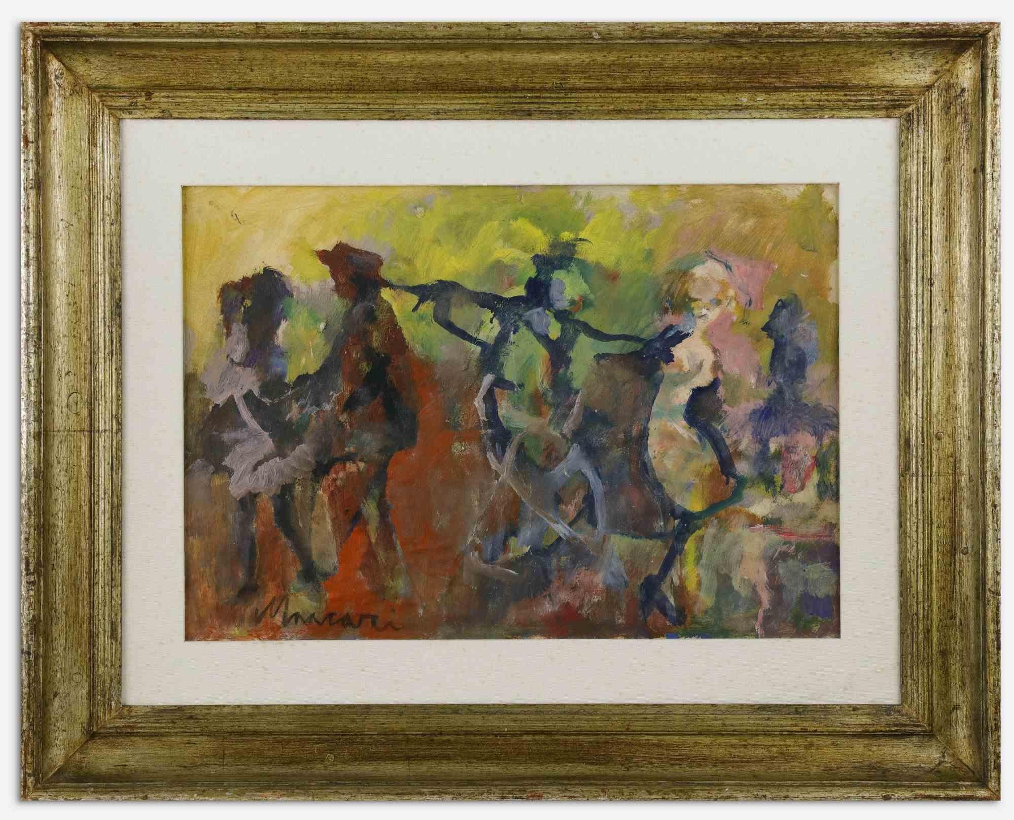 Figures is an orginal modern artowork realized by Mino Maccari in the 1970s.

Oil on board.

Hand signed by the artist on the lower margin.

Includes frame.