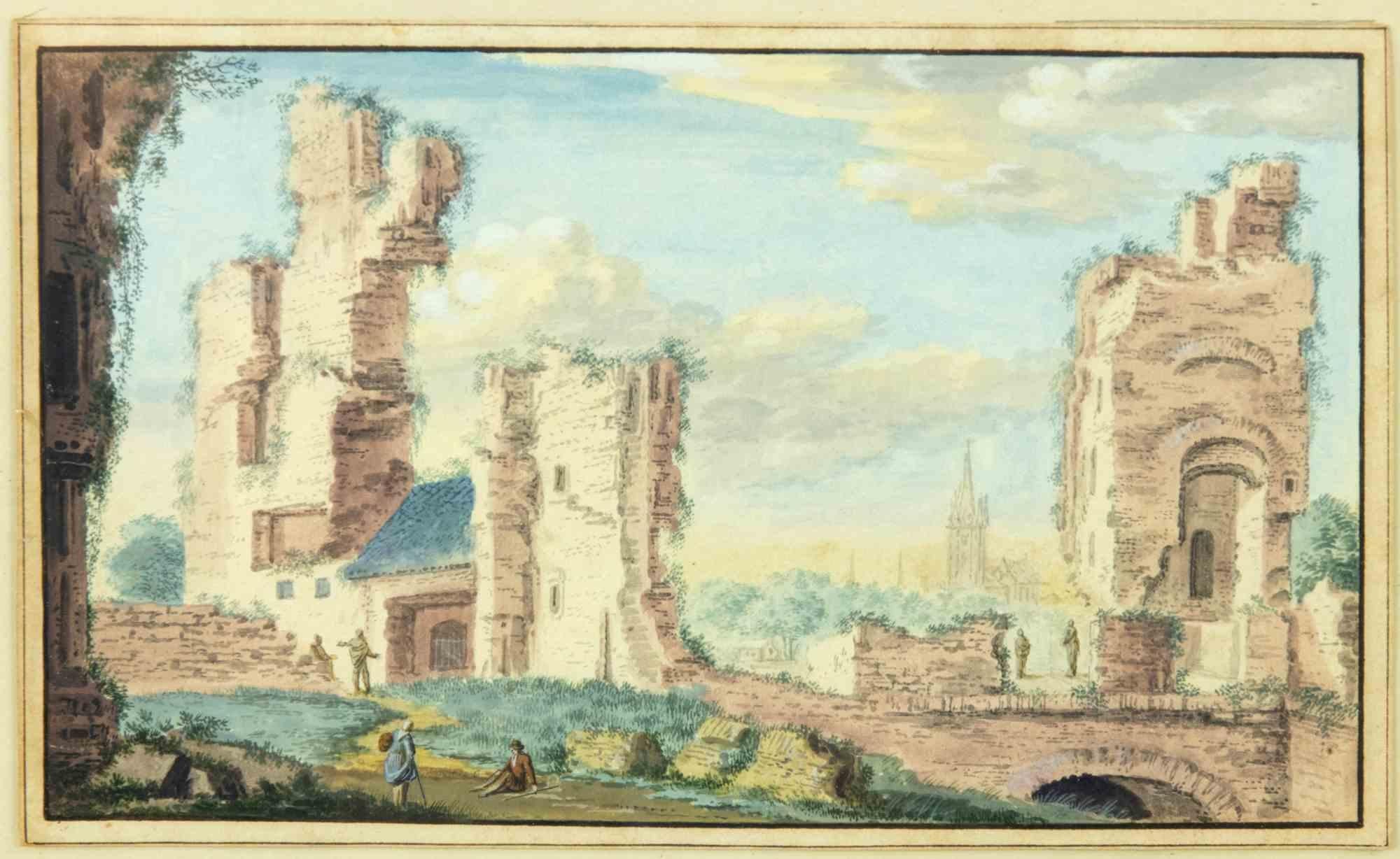Ancient Ruins ist ein originales altmeisterliches Kunstwerk, das von Abraham Rademaker im 18.

Wunderschönes Aquarell des berühmten Malers und Grafikers aus den nördlichen Niederlanden aus dem 18. Jahrhundert.

Enthält einen vergoldeten