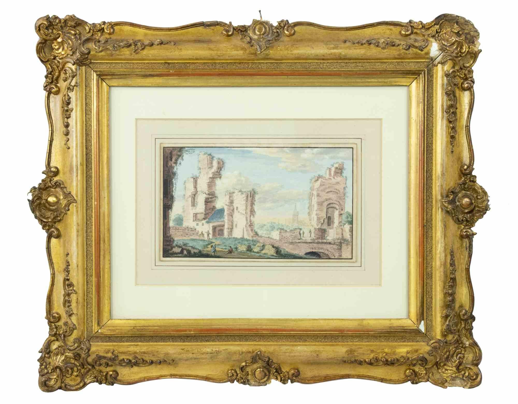 Antike Ruinen -  Aquarell von Abraham Rademaker – 18. Jahrhundert im Angebot 1