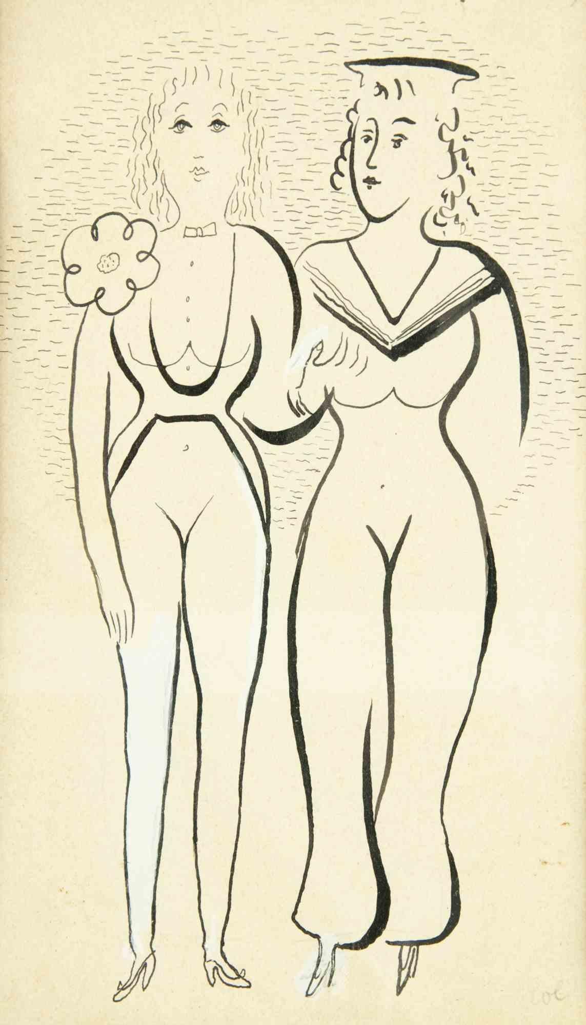 Alfredo Mezio Portrait - Two women - l Drawing by Mario Mafai - Early 20th Century