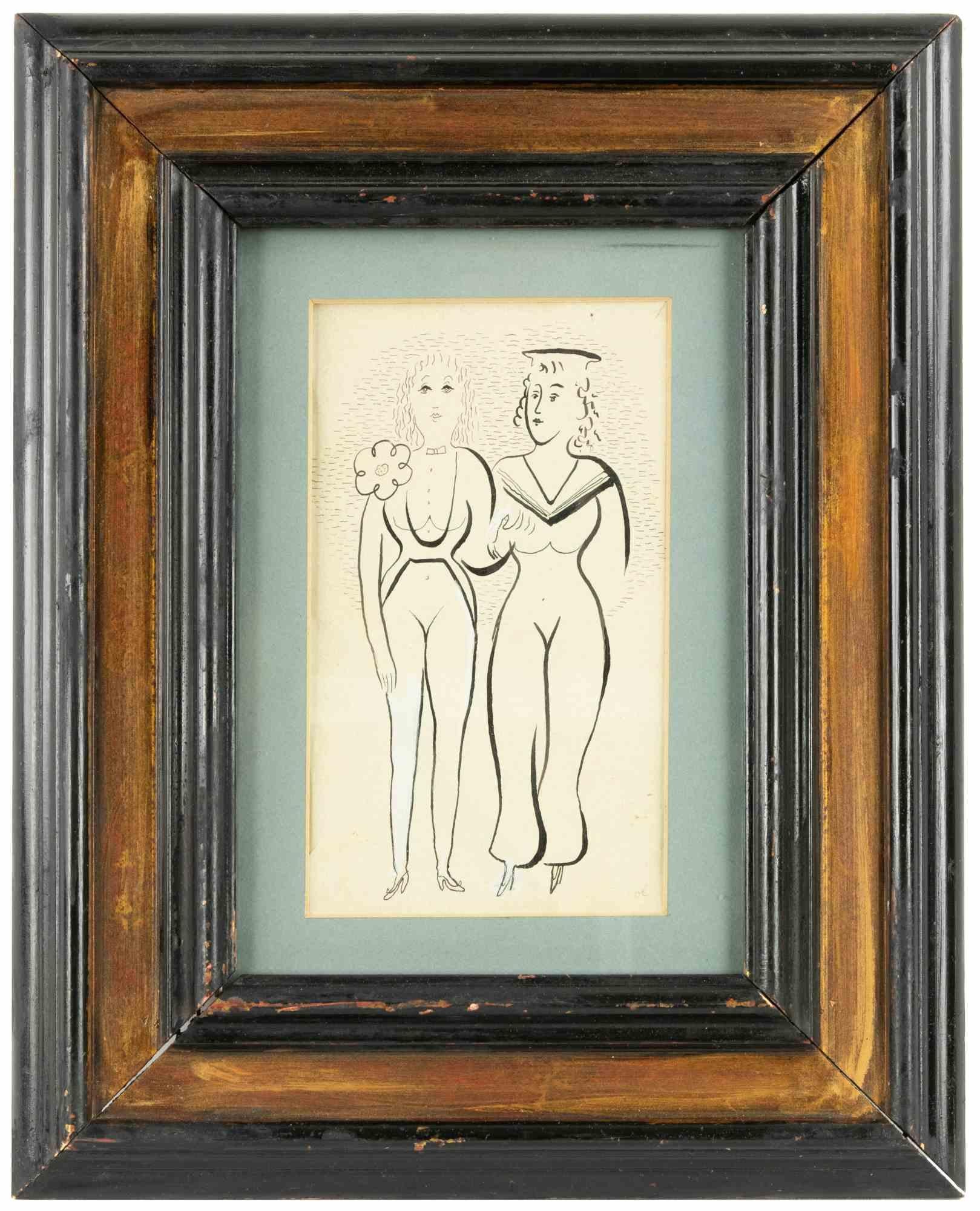 Two women - l Drawing by Mario Mafai - Early 20th Century - Art by Alfredo Mezio