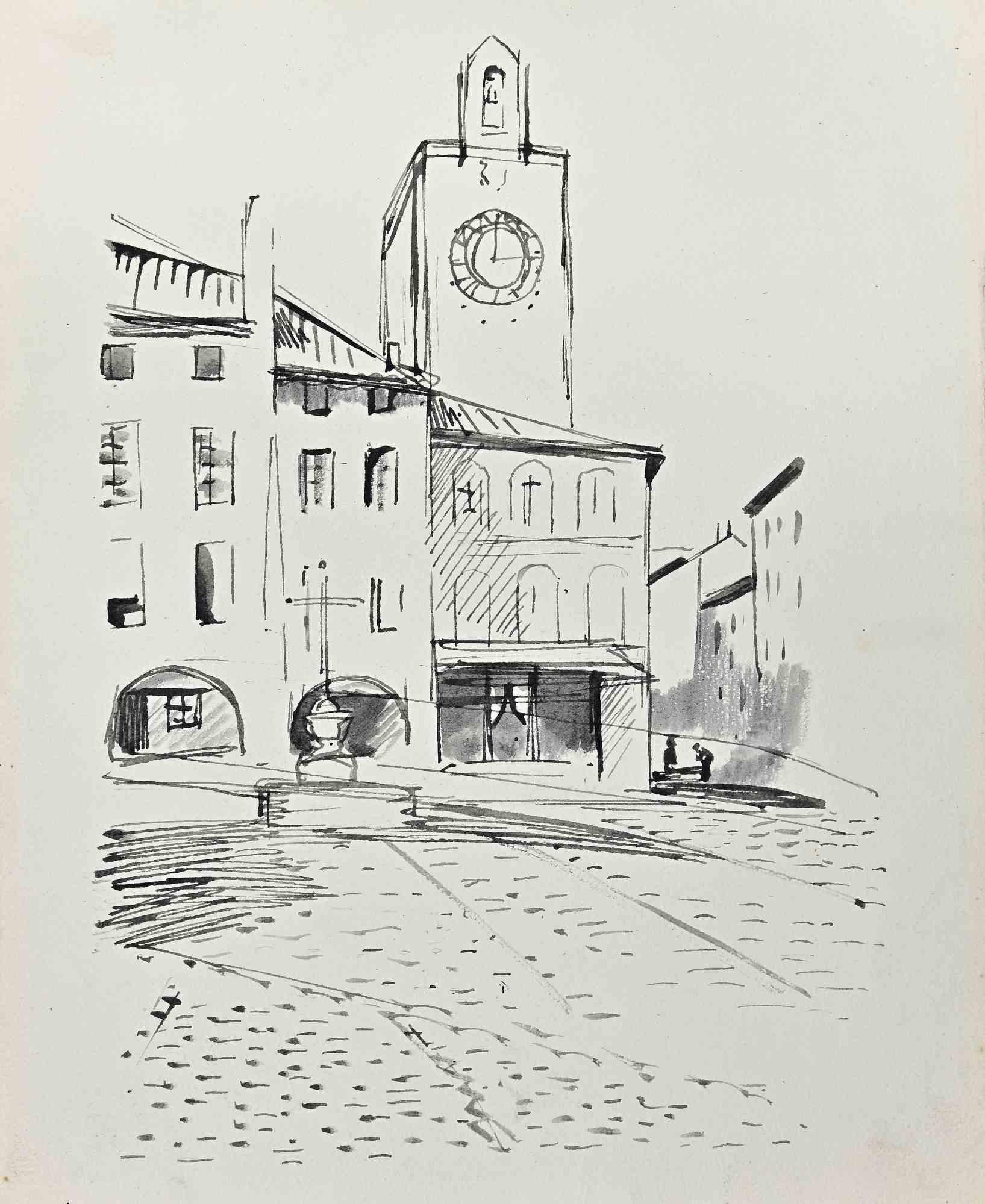 Die Kirche –  Zeichnung von Hermann Paul – frühes 20. Jahrhundert