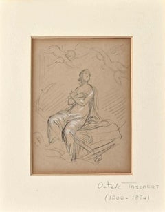 Figure de femme  - Dessin original au crayon sur papier par Octave - Milieu du 19ème siècle