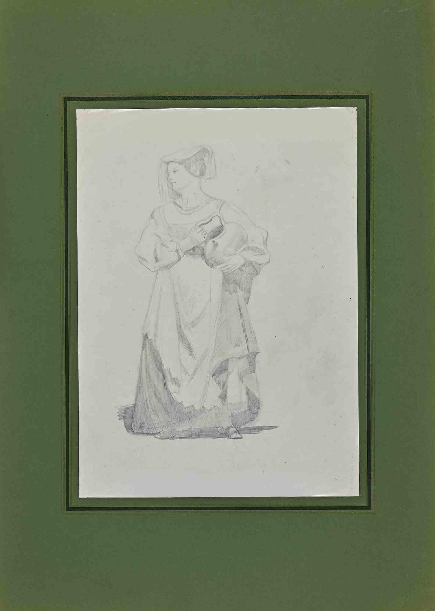 Woman - Original Drawing on Paper by A..E Viollet-Le-Duc  - Mid 19th Century - Art by Adolphe Etienne Viollet-Le-Duc