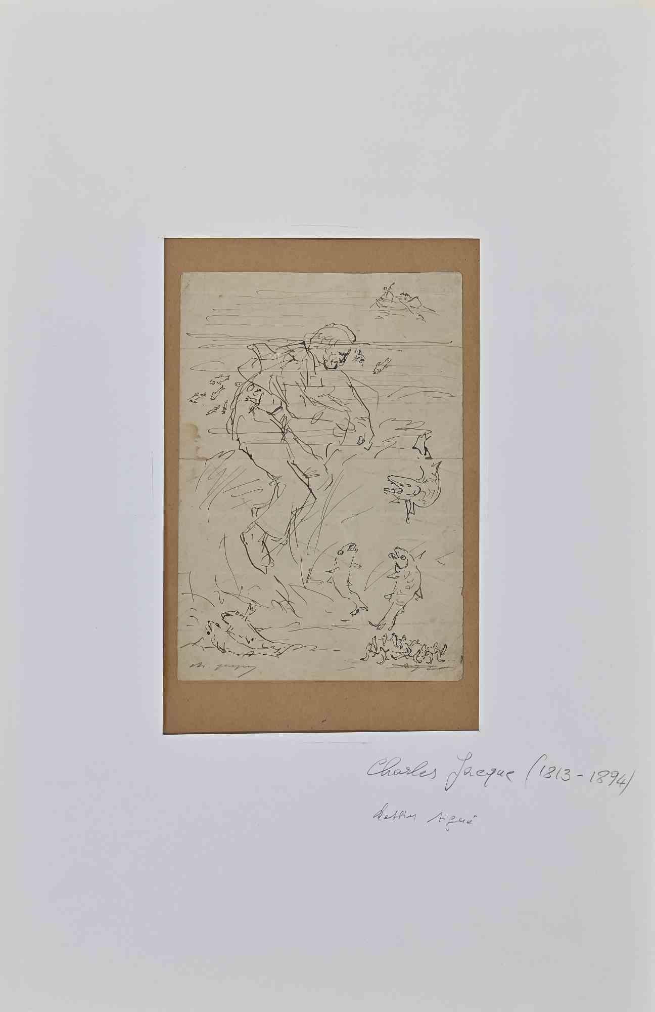 Fisherman - Original Drawing on Paper by Charles Jacque - Mid 19th Century - Art by Philippe Charles Jacquet