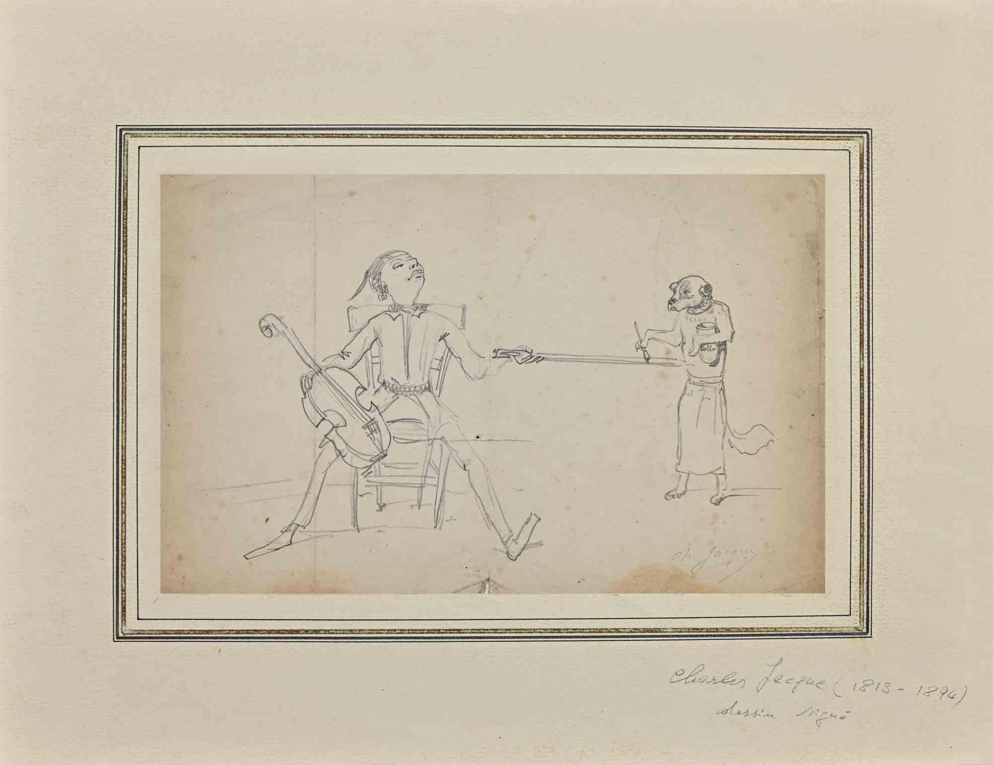 Musician - Original Drawing on Paper by Charles Jacque - Mid 19th Century - Art by Philippe Charles Jacquet