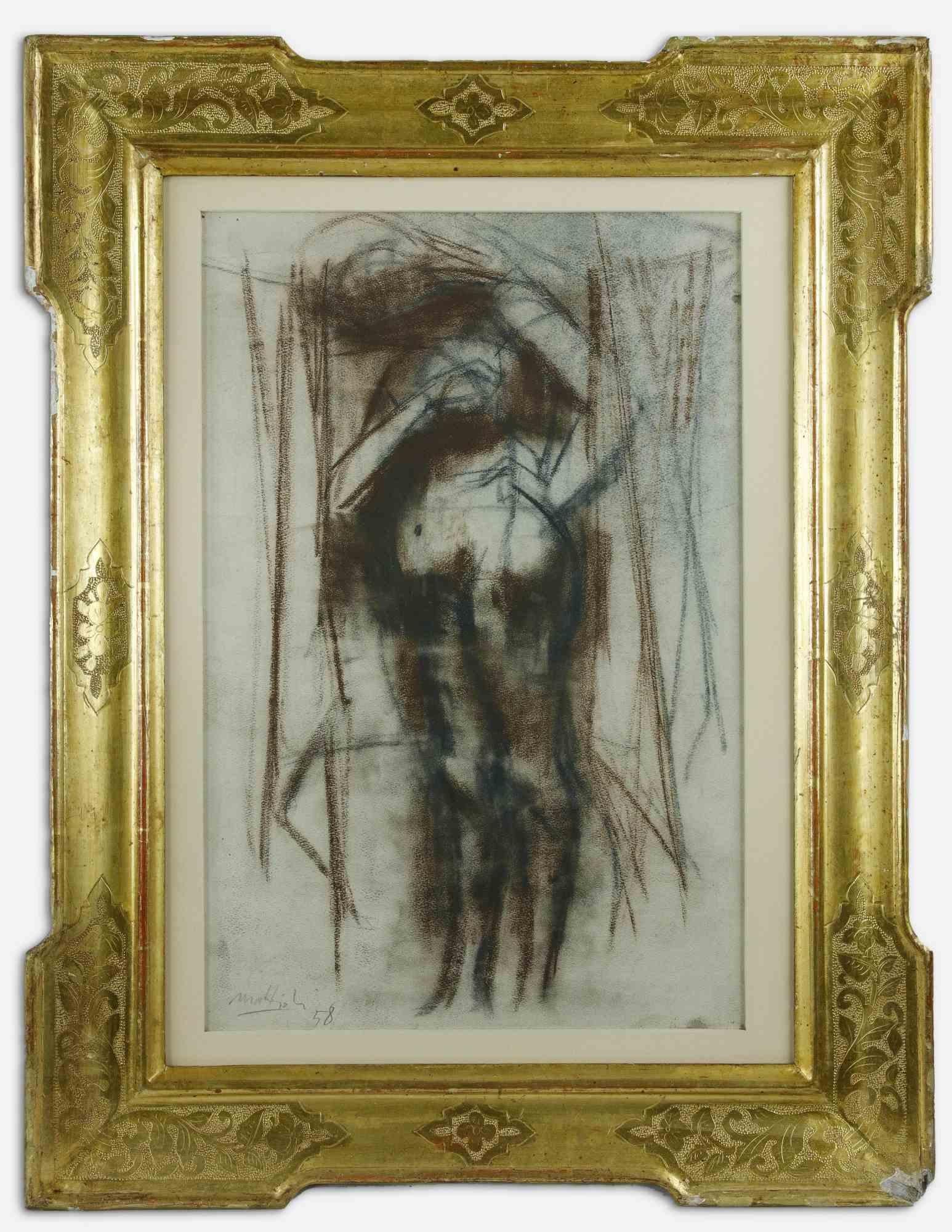 Nude ist ein originelles modernes Kunstwerk von Carlo Mattioli aus dem Jahr 1958.

Gemischte farbige Pastellzeichnung auf Leinwand.

Am unteren Rand handsigniert und datiert.

Einschließlich Rahmen.