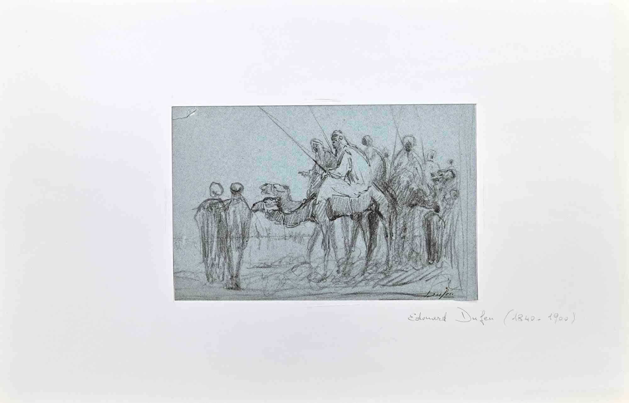 Bedouis With Camels is an Original Orientalist Pencil Drawing realized by Edouard Dufeu (1840-1900).

Good condition on a grey paper, included a white cardboard passpartout (50x32.5 cm).

Signature on the lower right corner.

Edouard Jacques Dufeu,