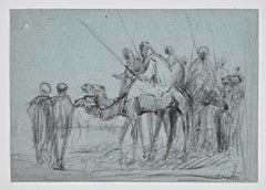 Bedouins With Camels - Original Drawing in Pen By Edouard Dufeu - 1880s
