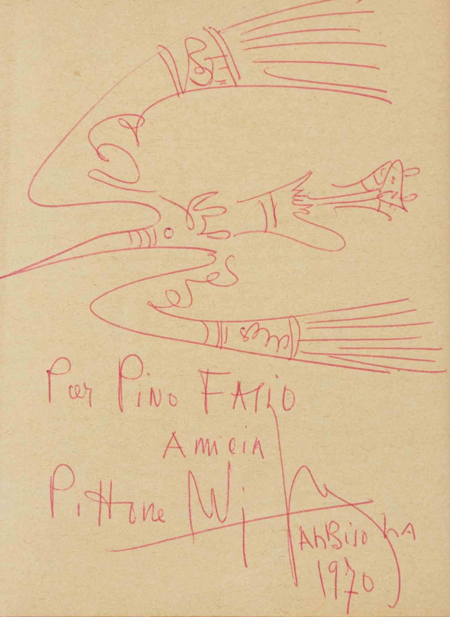 Merveilleuse esquisse fraîche à l'encre rouge sur un papier de couleur ivoire, avec une dédicace autographe "Per Pino Fasio amicia".  Pittore Wifredo Lam Albissola 1970" . Daté et signé à l'encre rouge. Très bonnes conditions, y compris le mat de