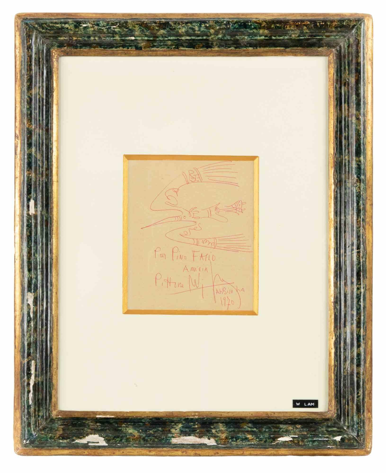 Wonderful fresh sketch in red ink on an ivory-colored paper, with an autograph dedication 