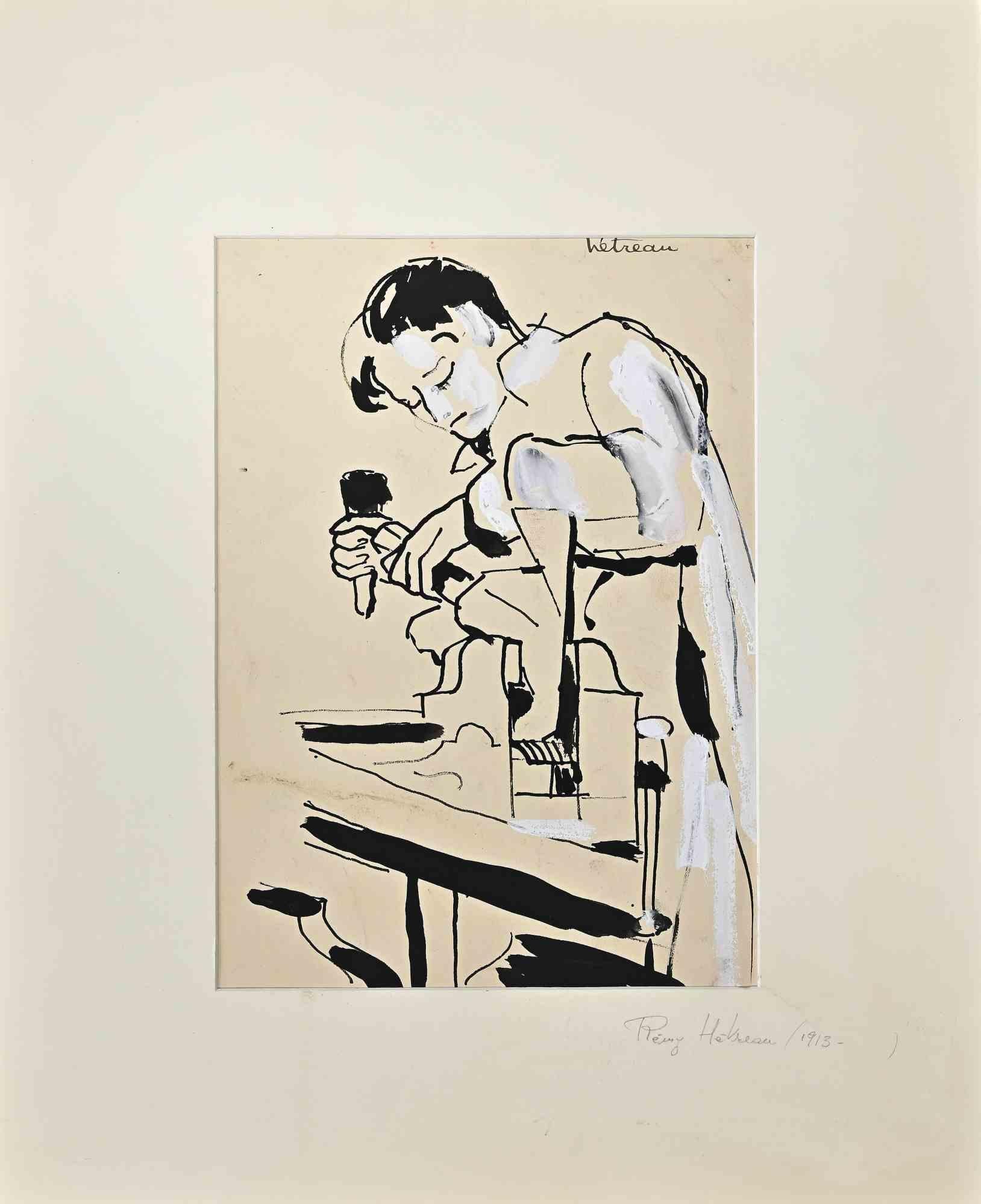 The Artisan - Originalzeichnung von Rmy Hetreau - Mitte des 20. Jahrhunderts (Weiß), Interior Art, von Rémy Hetreau