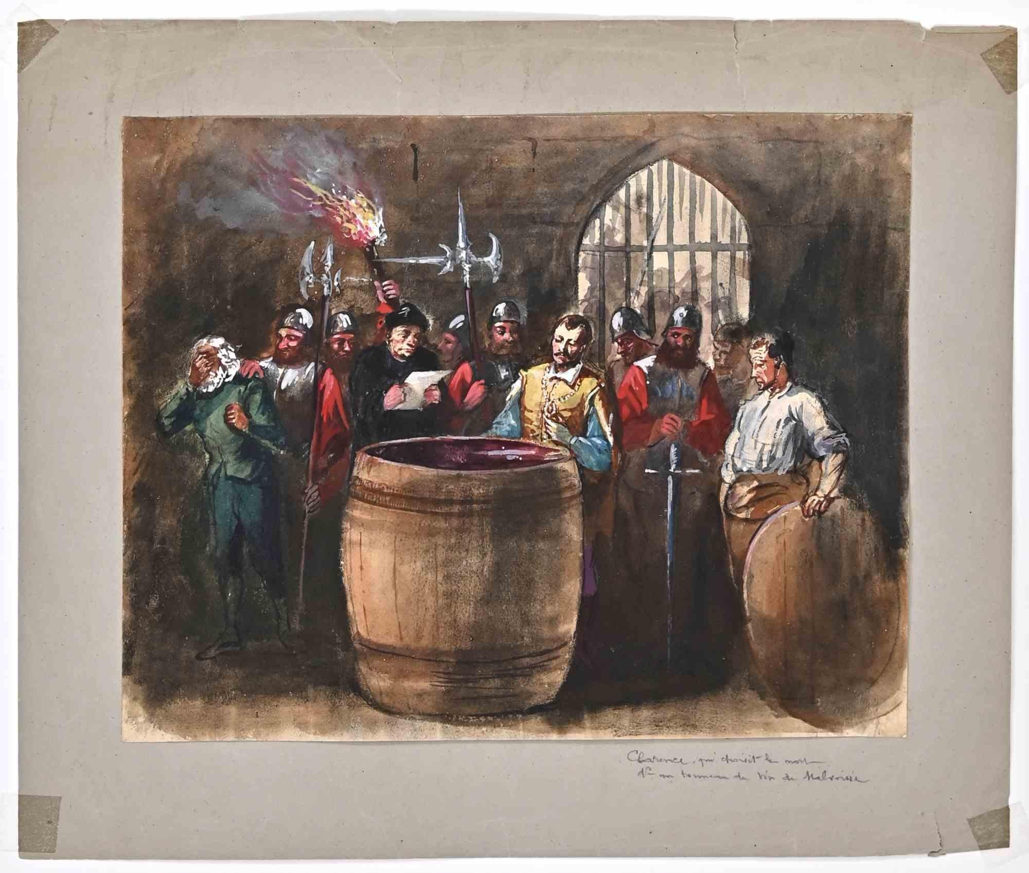 Richard III is an original ink and watercolor drawing realized by Charles Amelot (1759-1830).

Good condition, included a white cardboard passpartout (37.5x55 cm).

The artwork represents Clarence who chooses death in a barrel of Malvoisé.

Charles