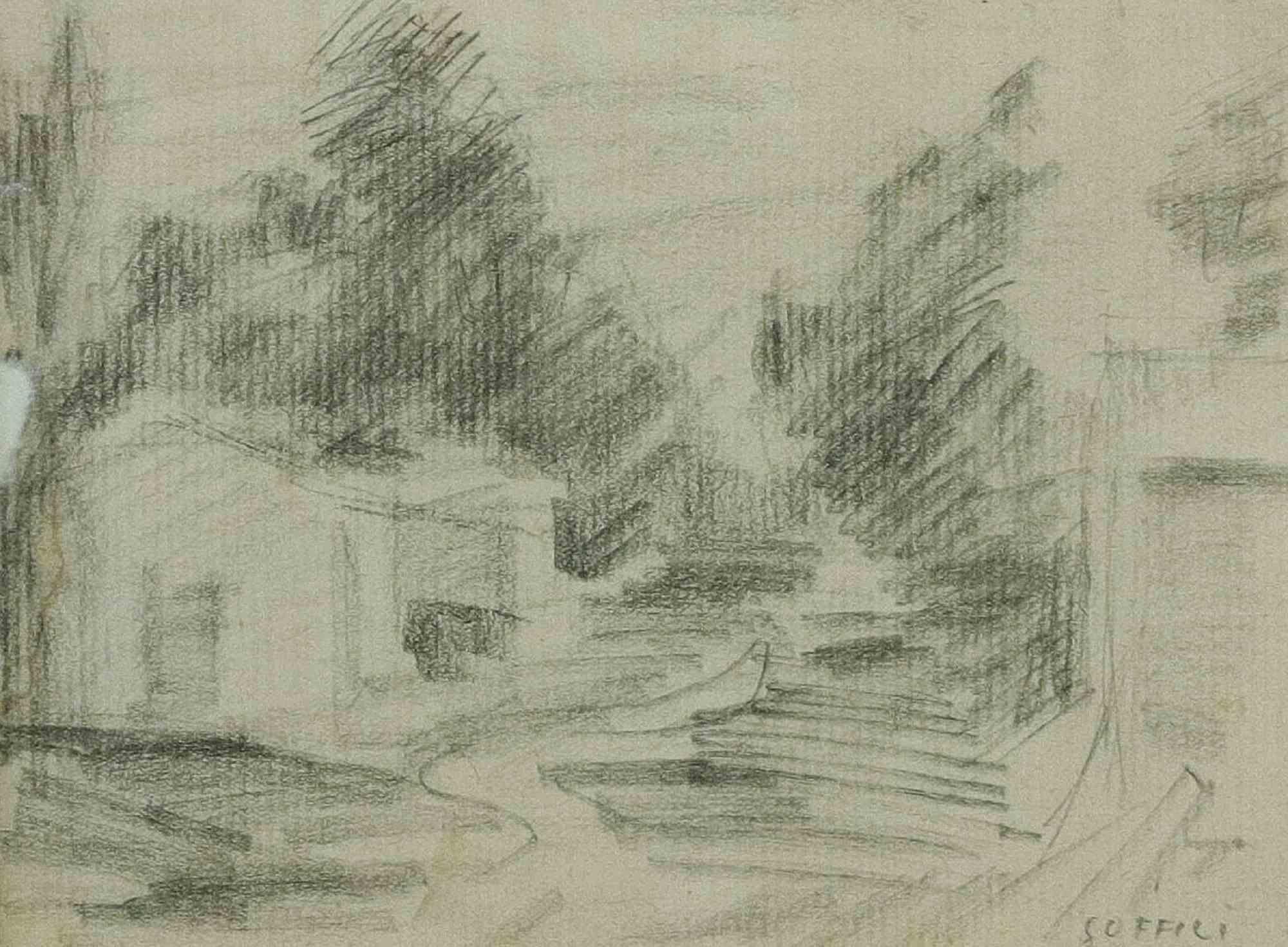 Landscape is an original modern artwork realized by Ardengo Soffici in 1932.

Pencil on laid paper.

Hand signed lower right.

Left margin restoration sign, generally in good condition.

Including passe-partout (13 x 17.5) and gilded wood frame (45