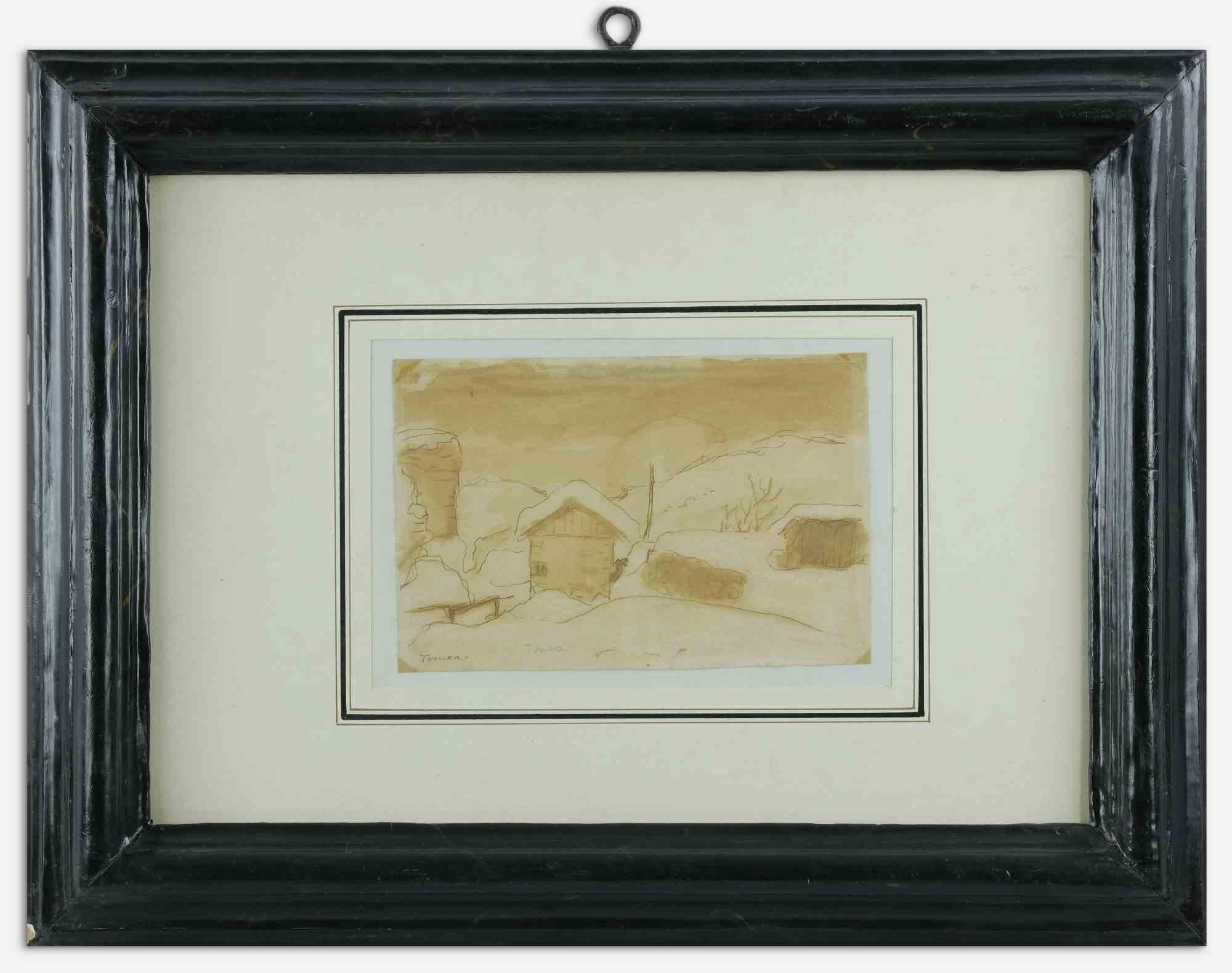 Winterlandschaft – Original-Aquarell von Fiorenzo Tomea  - 1950s 2