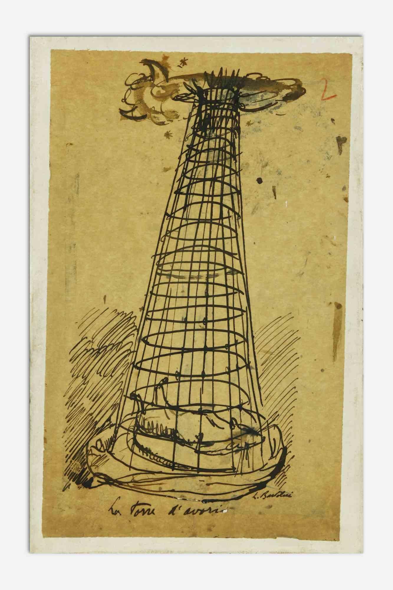 La Torre D'Avorio - China Ink Drawing by Luigi Bartolini - 1940s