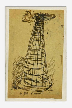 La Torre D''Avorio – Tuschezeichnung aus China von Luigi Bartolini – 1940er Jahre