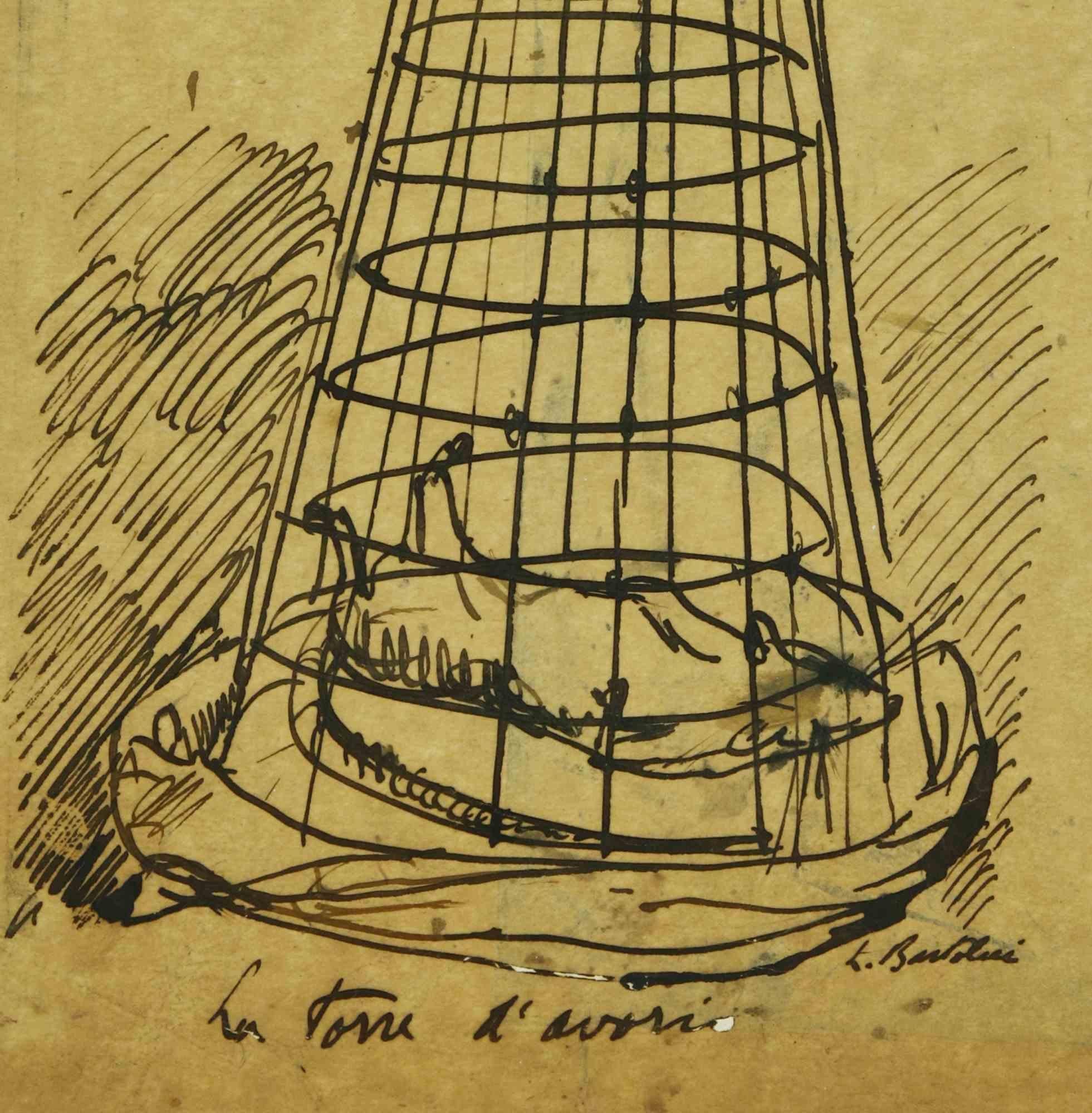 La Torre D''Avorio – Tuschezeichnung aus China von Luigi Bartolini – 1940er Jahre im Angebot 1