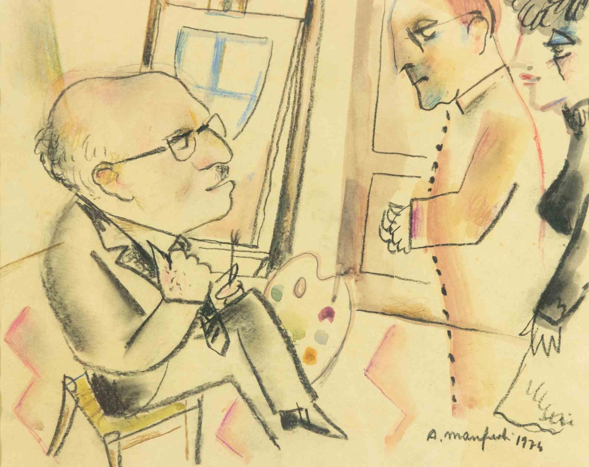 Künstleratelier des Künstlers - Pastell- und Aquarellzeichnung von Alberto Manfredi - 1974 1