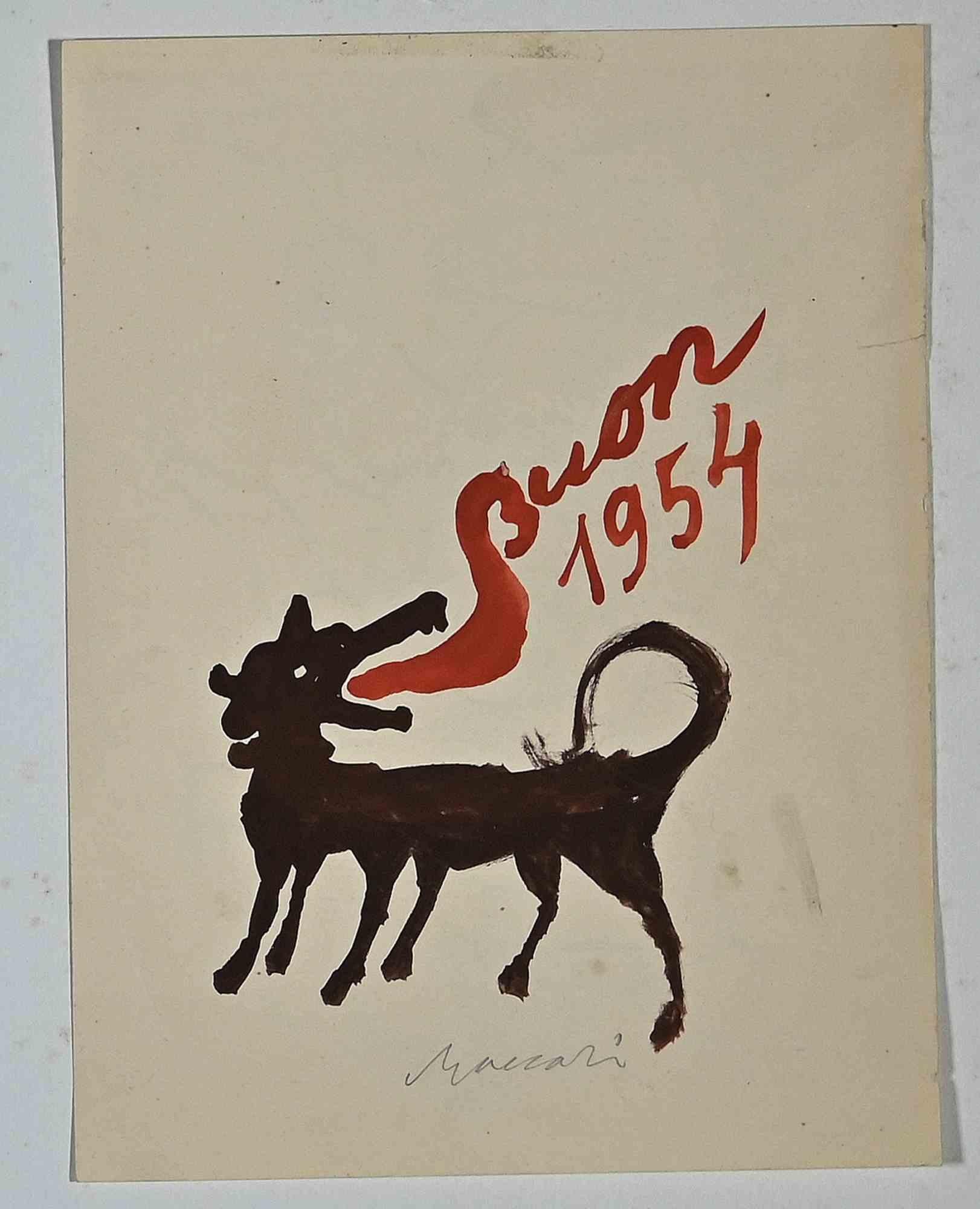 Happy 1954 – Zeichnung in Tempera von Mino Maccari – Mitte des 20. Jahrhunderts
