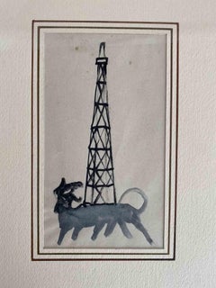 Barking at Tower - Drawing in Tempera de Mino Maccari - Milieu du 20e siècle