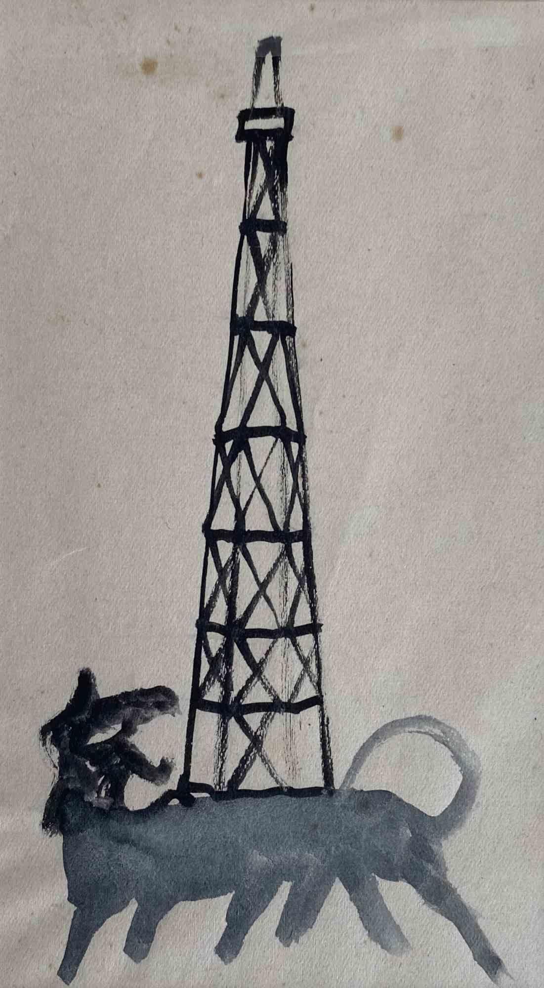 Barken am Tower – Zeichnung in Tempera von Mino Maccari – Mitte des 20. Jahrhunderts