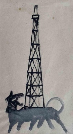 Barking at Tower - Drawing in Tempera by Mino Maccari - Mid-20th Century