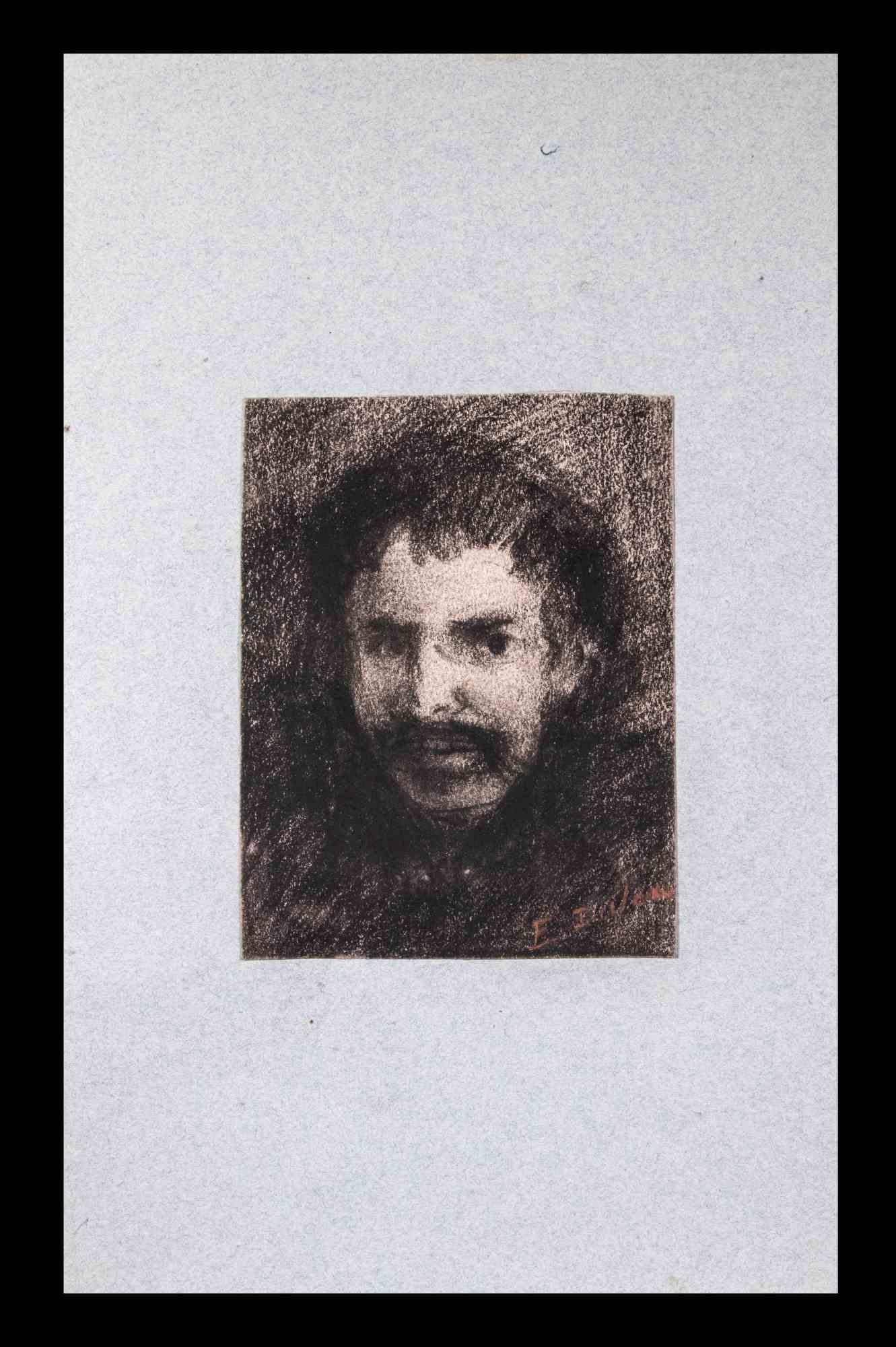 Malcolm McClain Portrait of a Man in a Hat, Charcoal Drawing, Mid