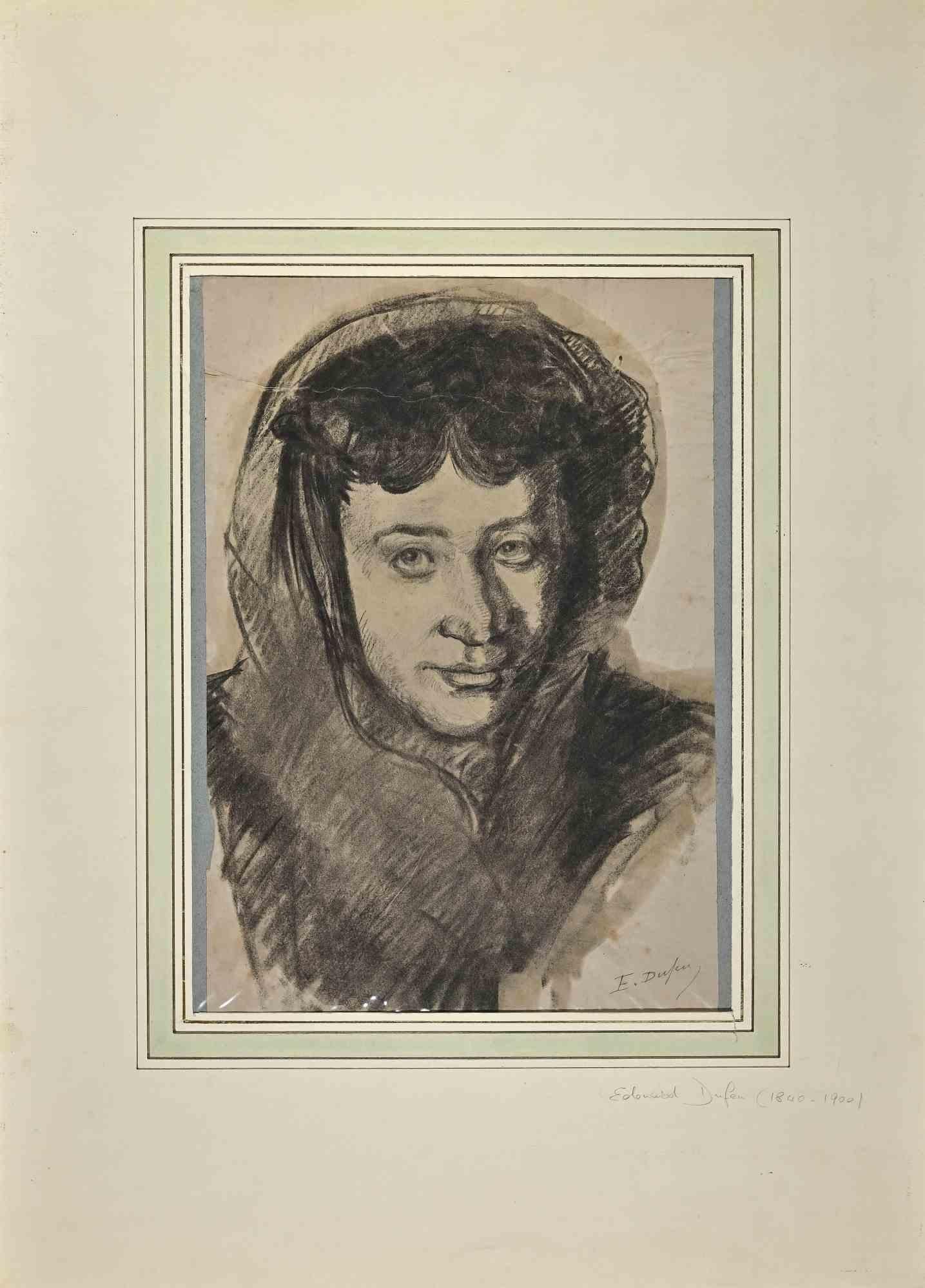 Portrait - Drawing By Edouard Dufeu - Late-19th Century For Sale 1