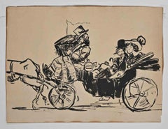 A Couple in a Carriage - Original Drawing by Lucien Métivet - Early 20th century