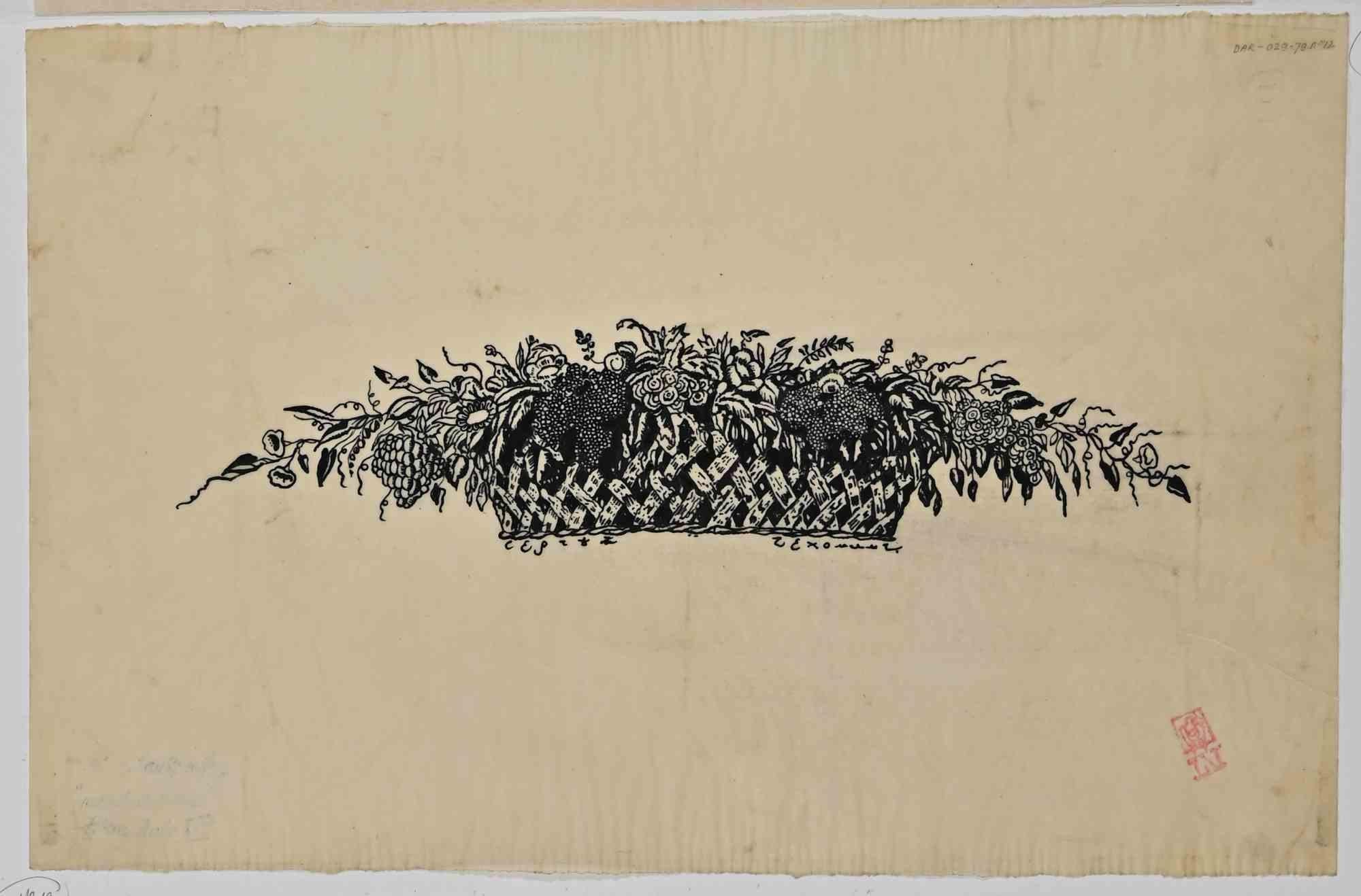 Panier de Fleurs - Original Drawing by Serguei Vassiliévitch Tchekhonine - 1920s For Sale 1