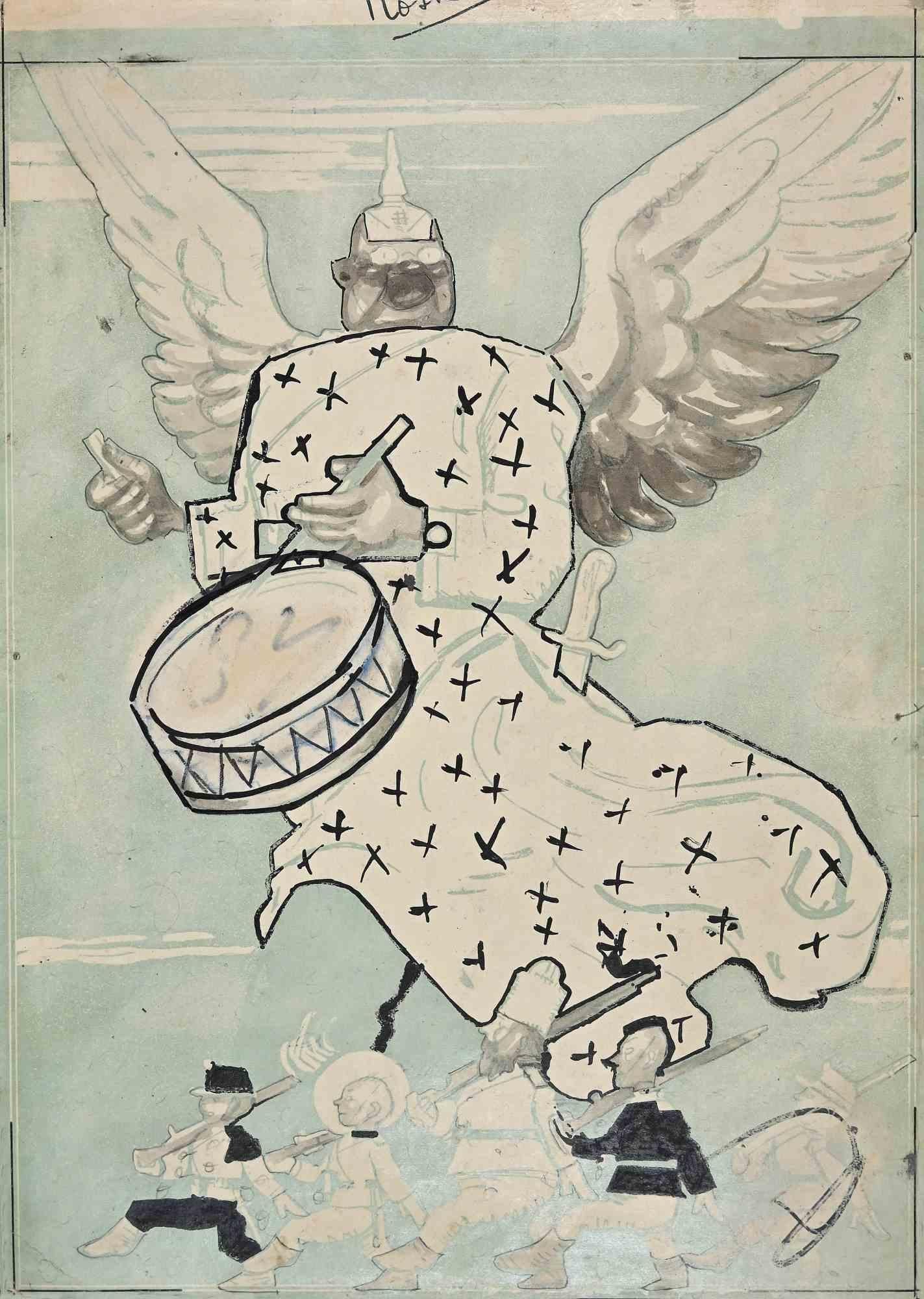 Der Ruf des Krieges ist ein Originalkunstwerk von Gabriele Galantara aus dem frühen 20. Jahrhundert.

Zeichnung in Tusche, Aquarell und Feder. 

Für das Cover des Magazins "L'Asino" veröffentlicht  am 19.12.1915.

Der Erhaltungszustand ist gut und