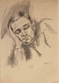 Portrait of Sleeping Man - Original Drawing by Mino Maccari - Mid-20th Century