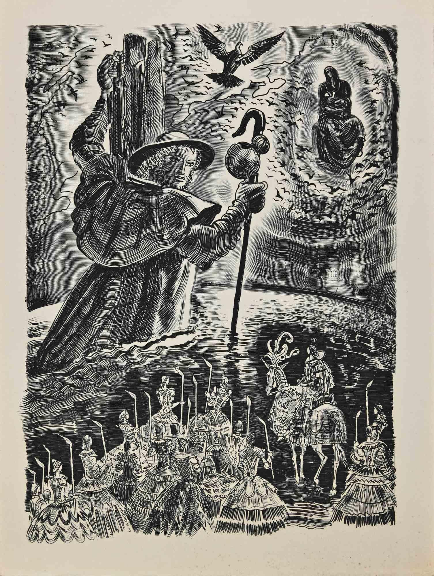 Moses and Israel -  Drawing by Albert Decaris -  Mid-20th Century