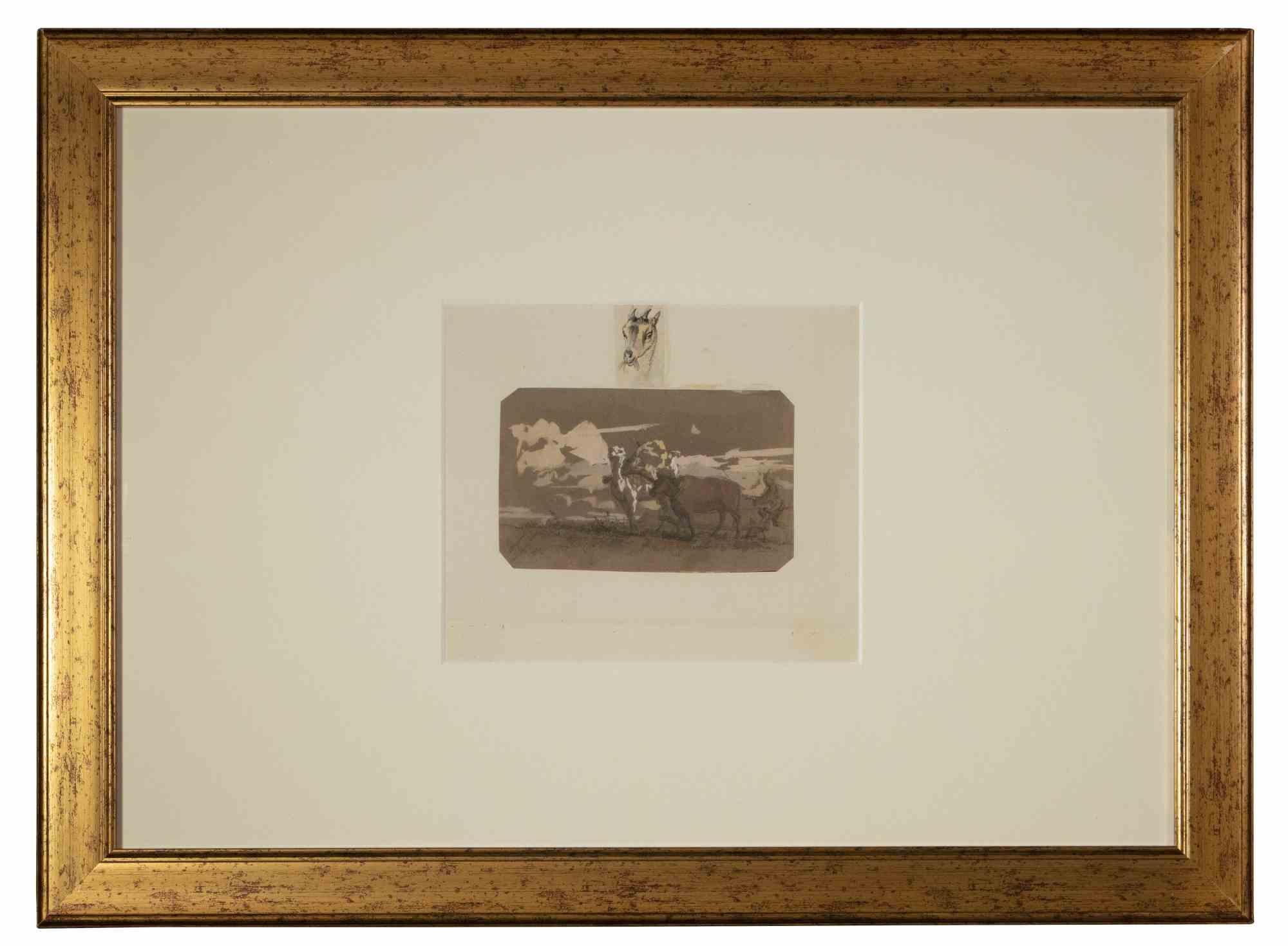 Animaux dans les champs  - Dessin  l'encre et  l'aquarelle - Fin du XIXe sicle - Art de Edouard-Jacques Dufeu