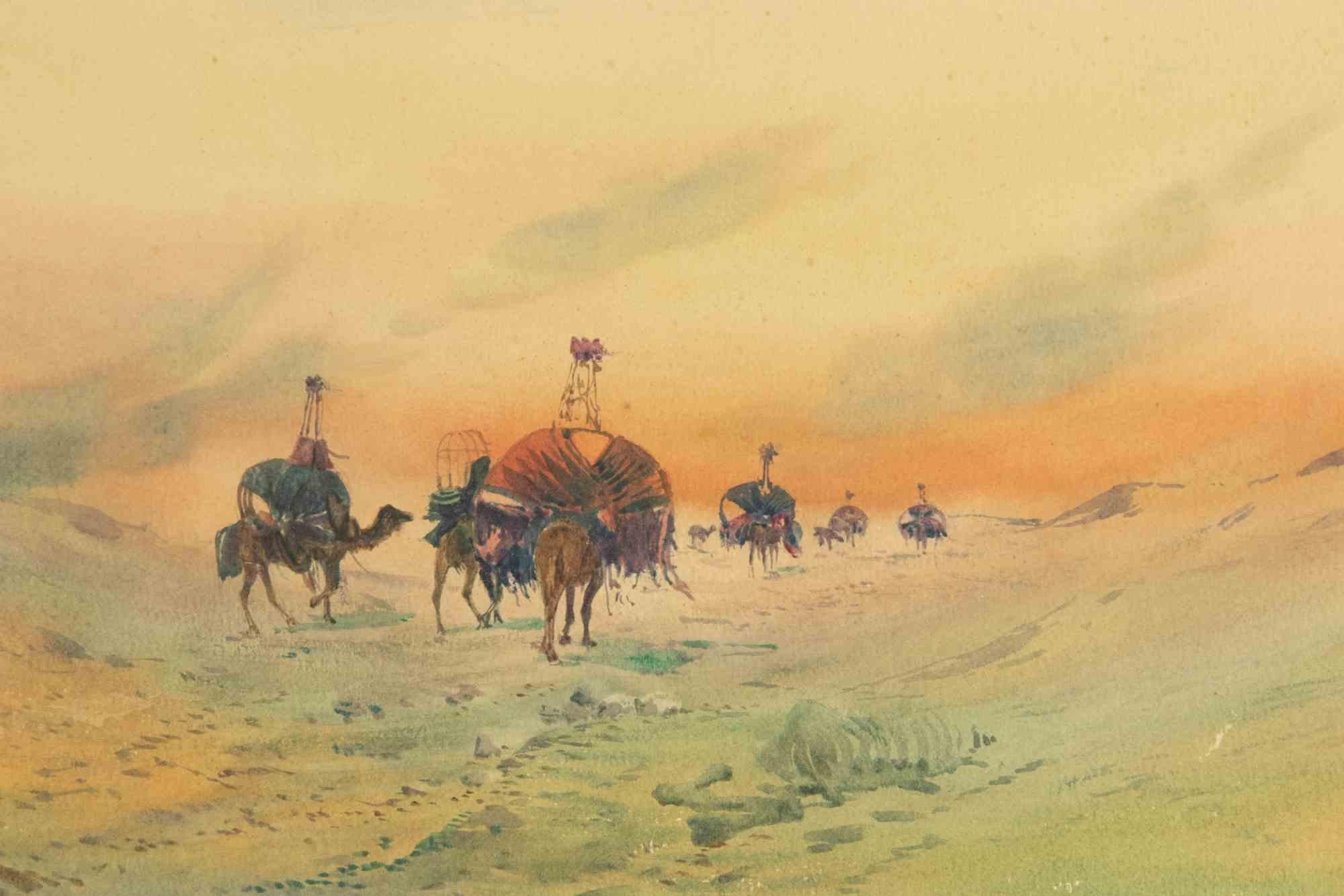 A. Roy Landscape Art - Arabic Desert - Drawing in Ink and Watercolor - Late 20th century