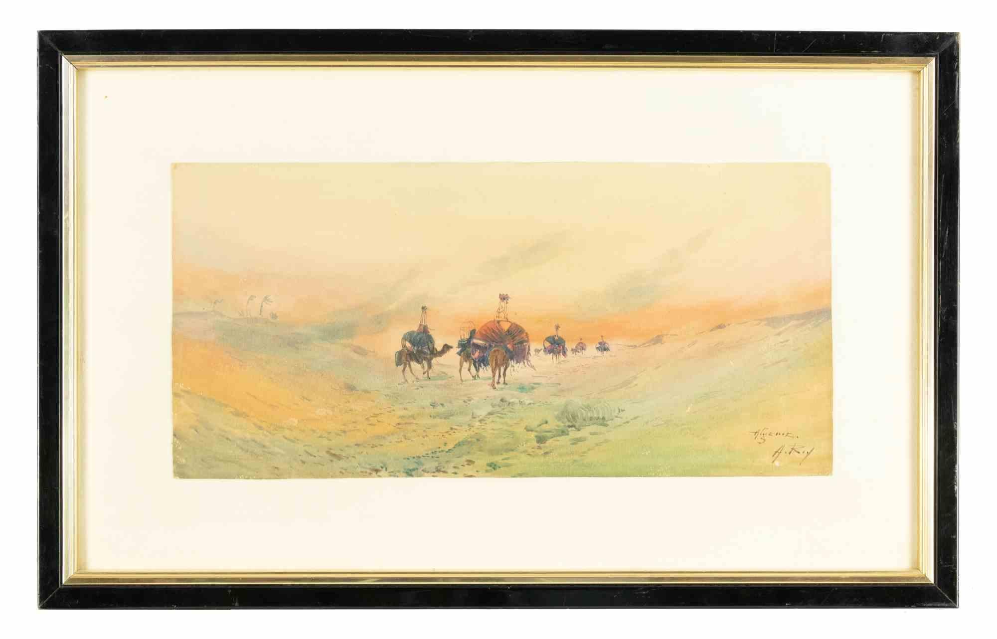 arabische Wüste – Zeichnung mit Tinte und Aquarellfarben – Ende des 20. Jahrhunderts – Art von A. Roy