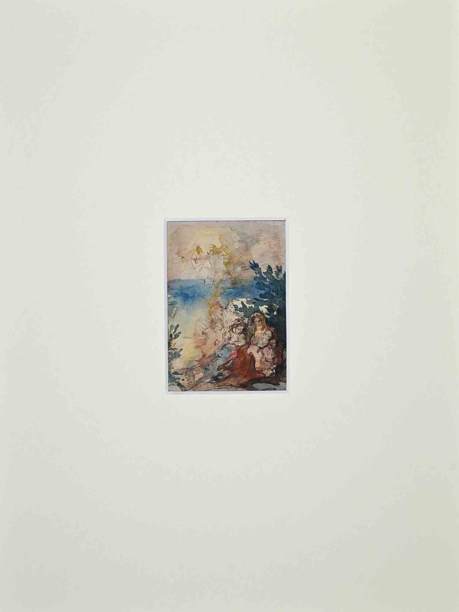 La famille - Dessin  l'encre et  l'aquarelle - Dbut du XXe sicle - Art de Gustave Bourgogne