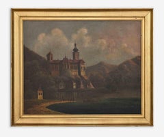 Peinture à l'huile - Vue de château sur un lac - fin du 19ème siècle