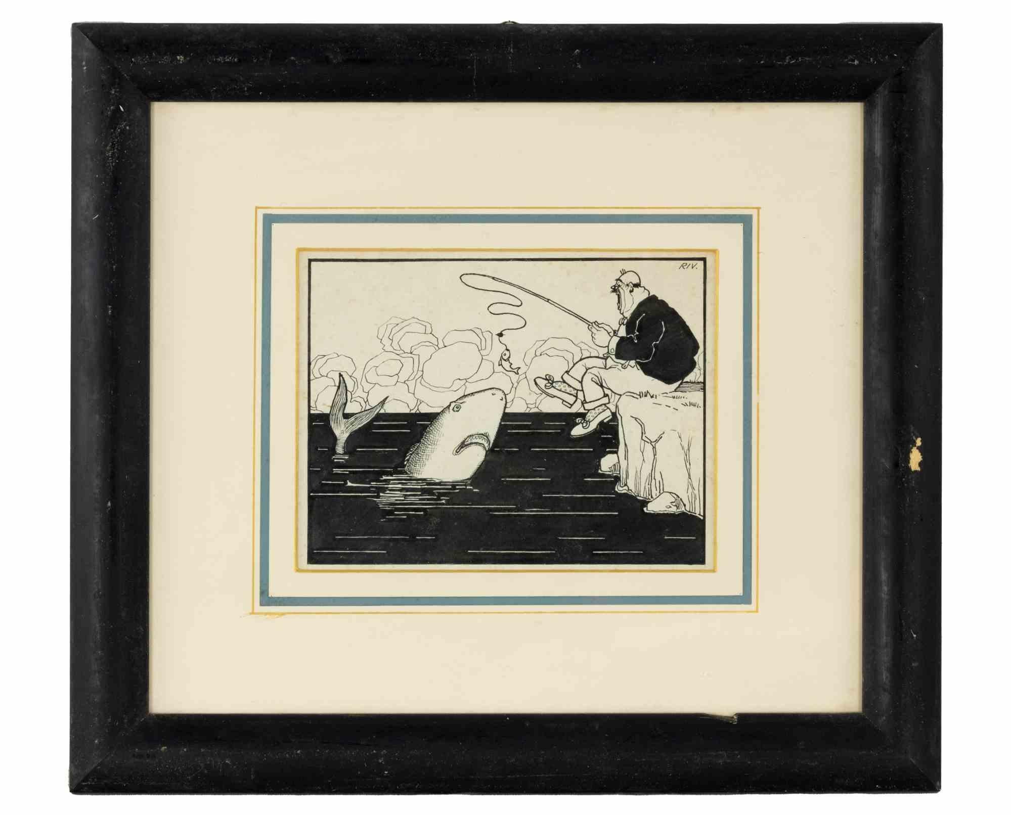 Fisherman is an original modern artwork realized in the early 20th Century by the italian painter and illustrator RIV (Carlo Rivalta).

Black and white china ink drawing.

Good conditions (some foxings).

Includes frame.