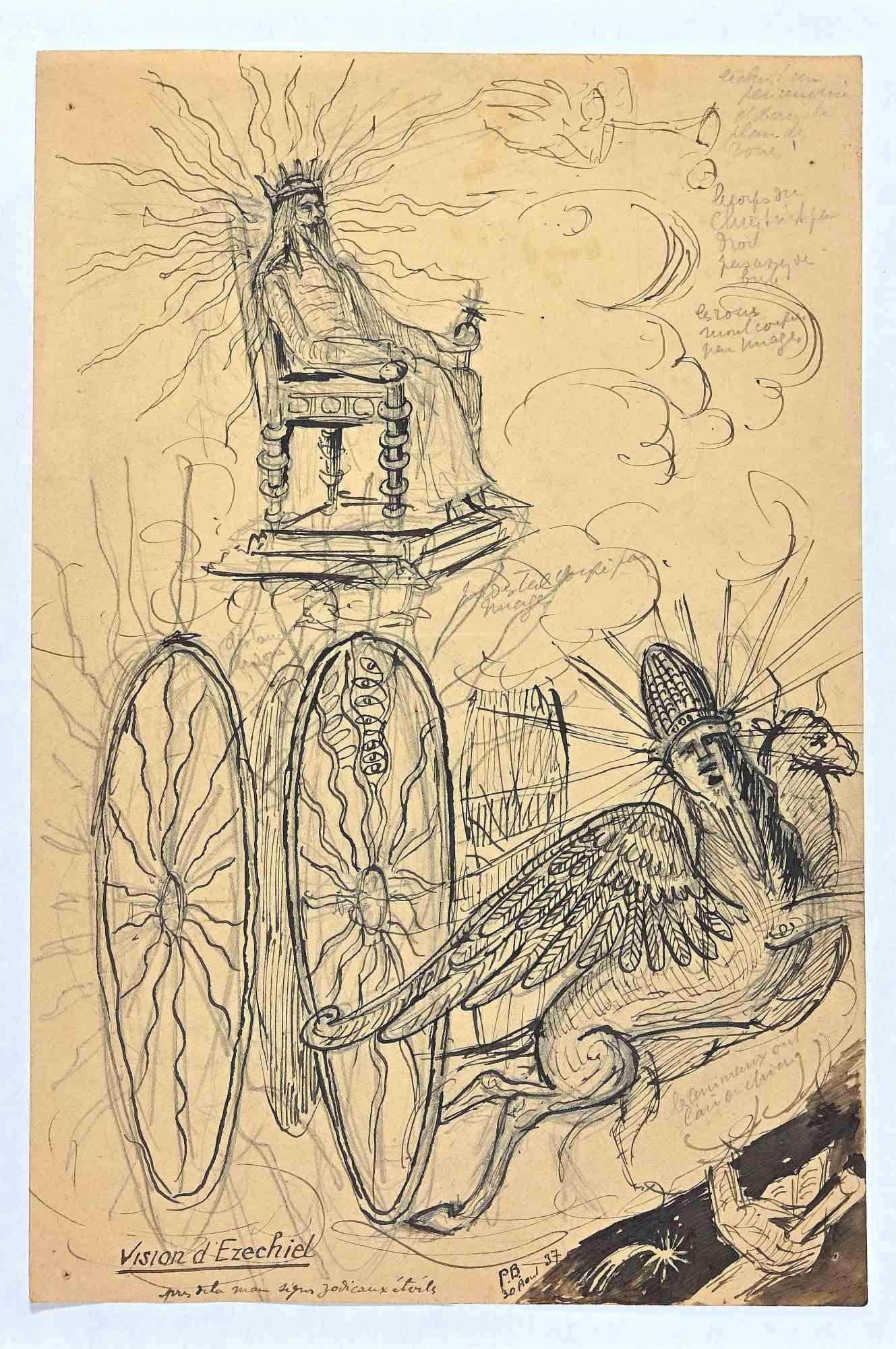 Unknown Figurative Art - The Sacred Flying Chariot - Ezekiel's Vision  - Drawing - 1937