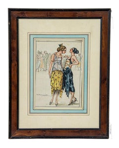Confidences - Original Watercolor and Ink by Luigi Bompard - 1920s
