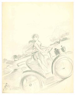 Driving Roman Lady - Original Drawing by Henri Thiriet - Mid 20th Century