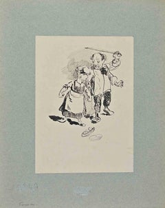 Deux personnages - dessin sur papier par H. Somm - fin du 19ème siècle