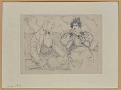 A Couple on the Sofa - Drawing on Paper by Caran D'Ache - Late 19th Century