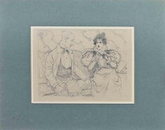 Antique A Couple on the Sofa - Drawing on Paper by Caran D'Ache - Late 19th Century