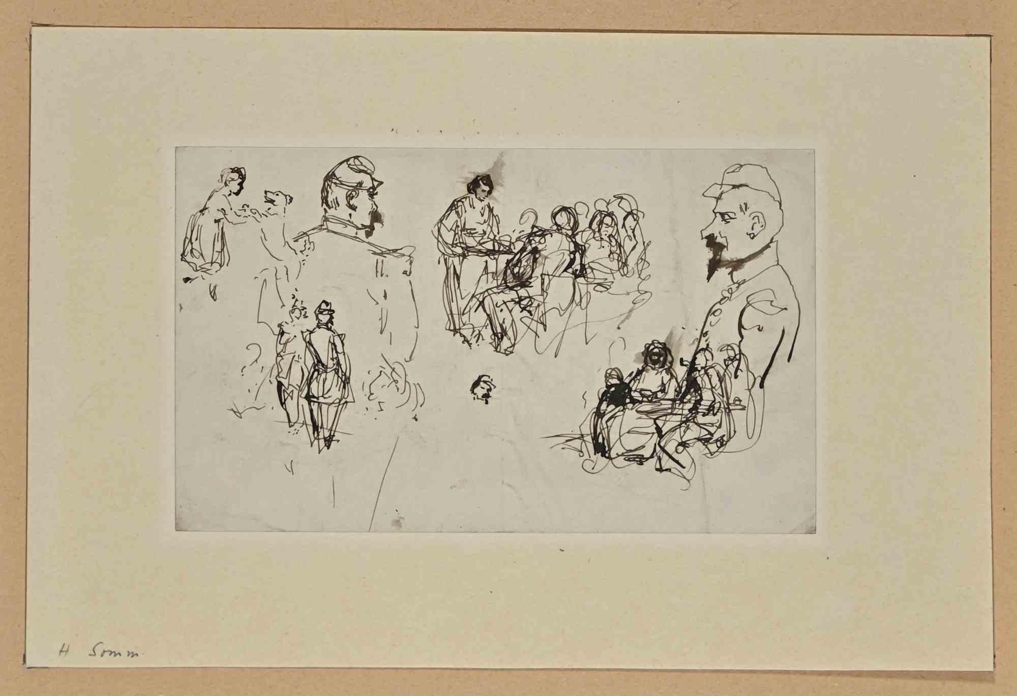 Figures - Drawing on Paper by H. Somm - Late 19th Century - Art by Henry Somm