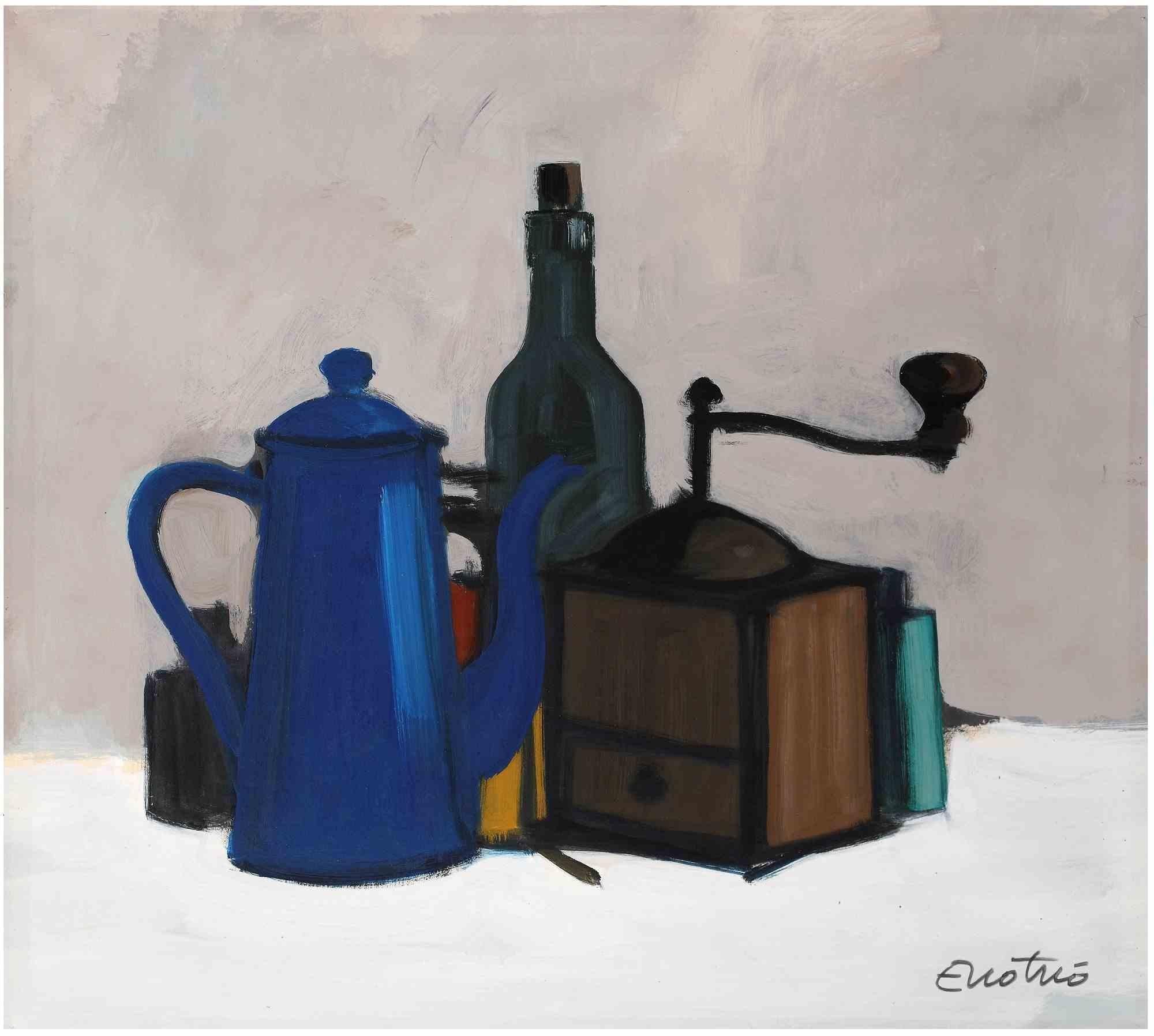 Still Life with Grinder is an modern artwork realized by the artist Enotrio in the late 20th Century.

Mixed colored tempera on paper.

Hand signed on the lower margin.

Sketches by the artist on the back.

Enotrio Pugliese (Buenos Aires 1920 –