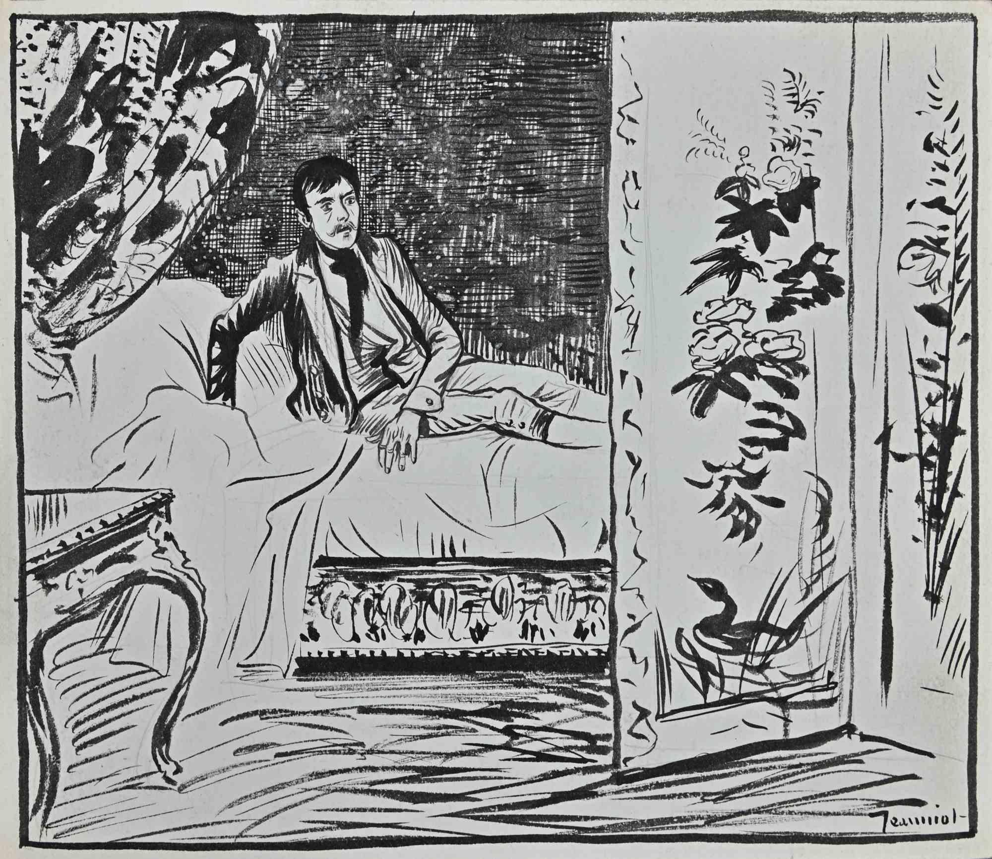 Der Mensch ist eine Original-Porzellan-Tuschezeichnung des Malers Pierre Georges Jeanniot (1848-1934).

Rechts unten handsigniert.

Gute Bedingungen.

Das Kunstwerk wird durch geschickte und schnelle Striche von Meisterhand dargestellt.